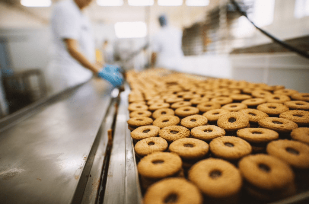 Workers packaging cookies on a factory conveyor belt.